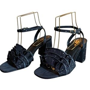 Larroude Selena Ruffle Black Fabric and Crystals Ankle Strap Sandals Size 8